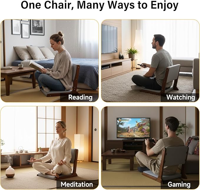 Tiita Foldable Tatami Chair, Japanese loor Chair, Wood Legless Back Rest Chairs with Cushion, Accent Meditation Floor Chairs Bay Window, Walnut Grey