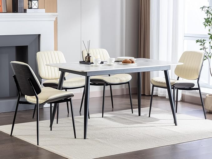 YaFiti Dining Chairs Set of 2, Mid Century Modern Accent Dining Room and Kitchen Chairs, Upholstered PU Leather Vertical Stripe Chairs for Vanity with Walnut Bentwood and Metal Legs, Beige