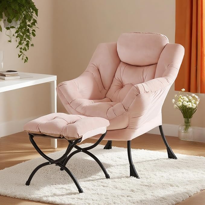 Tiita Lazy Chair with Ottoman, Pink Chair Modern Large Accent Lounge Armchair, Comfy Leisure Sofa Reading Chair with Footrest for Bedroom, Living Room, Dorm Rooms, Garden and Courtyard, Velvet Pink