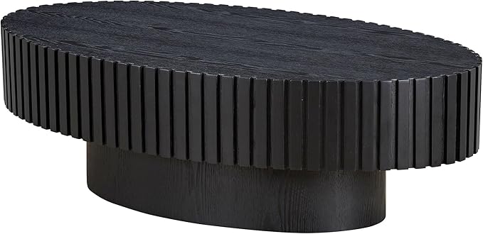 43.7'' Oval Wood Coffee Table,Modern Handcraft Drum Coffee Table for Living Room, Small Center Table with Sturdy Pedestal (Black, L43.7 x W24.8 x H13.38)
