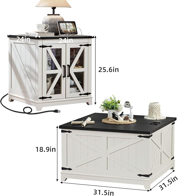 Farmhouse Coffee Table Sets 2 Pieces, Large End Side Tables with Charging Station and Coffee Table with Hidden Storage Compartment, Black Living Room Table Set, Wood Furniture Sets for Home Office