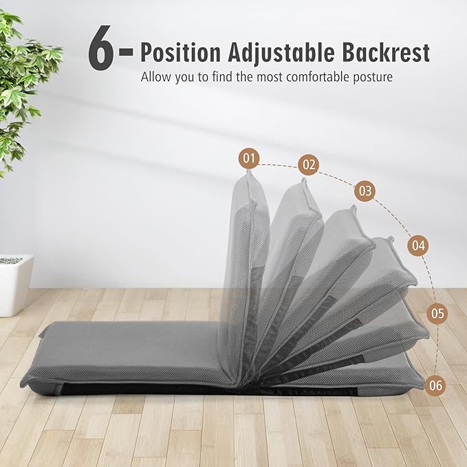 S AFSTAR Adjustable Floor Chair, Cushioned Lounger Recliner with 6-Position Comfortable Back Support & Thick Padded, Lazy Sofa Floor Gaming Chair, Floor Seat for Gaming Reading Meditation (Grey)