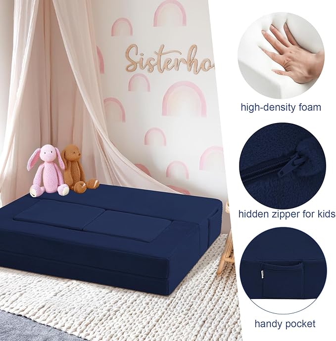 MeMoreCool Convertible Modular Kids Couch – Foam Toddler Sofa with Washable Removable Cover, Soft Plush Fold-Out Floor Couch for Bedroom (Navy)