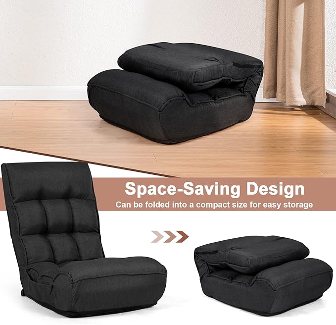 MAT EXPERT Folding Floor Chair, Floor Gaming Chair w/ 4-Position Backrest, 5-Position Adjustable Headrest, Side Pocket, Indoor Floor Chair w/Back Support for Bedroom, Living Room (Black)
