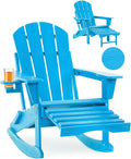 Folding Adirondack Rocking Chair,4-in-1 Multifunctional Patio Chair with Retractable Ottoman, Outdoor Chair Wood Texture, Lawn Chair for Porch, Backyard, Pool(Pacific Blue)