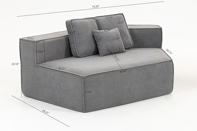 EPOFIT 1-Seater Teddy Fleece Modular Sofa Chair, Low-Profile Floor Seat with Wide Cushion and All-Foam Support, Right-Facing Design, Compressed Packaging – Blue Gray