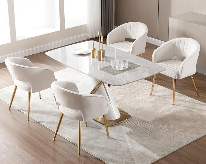 KCC Modern Accent Dining Chairs, Set of 6, Velvet Dining Chairs with Tufted Hollow Back & Gold Metal Legs for Living Room, Dining or Restaurant - Cream