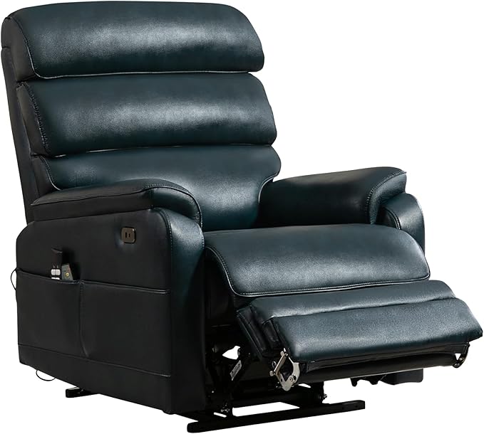 Power Lift Recliner Chair, Big Tall Man Lay Flat Ergonomic Lounge with Extended Footrest for Elderly People, Single Sofa Heat & Massage. Home Theater Seat, USB&Type-C Port (PU Leather, Blue)