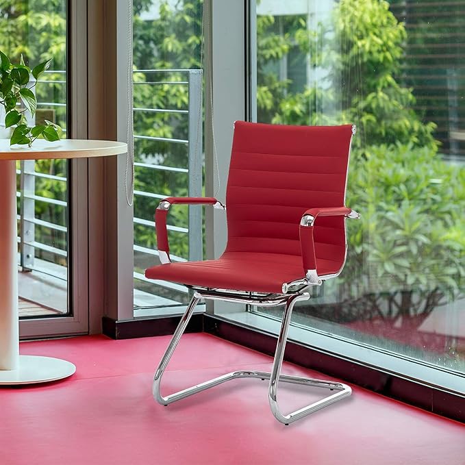 DM Furniture Office Desk Chair Set of 4,No Wheels PU Leather Computer Chairs Mid Back Guest Chairs with Seld Base for School/Reception/Conference/Waiting Room, Burgundy Red