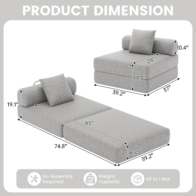 DURASPACE Folding Sleeper Sofa Bed Convertible Foam Floor Mattress Couch, Single Boneless Fold Out Lounger Chair Bed for Living Room Bedroom (Chenille Gray)