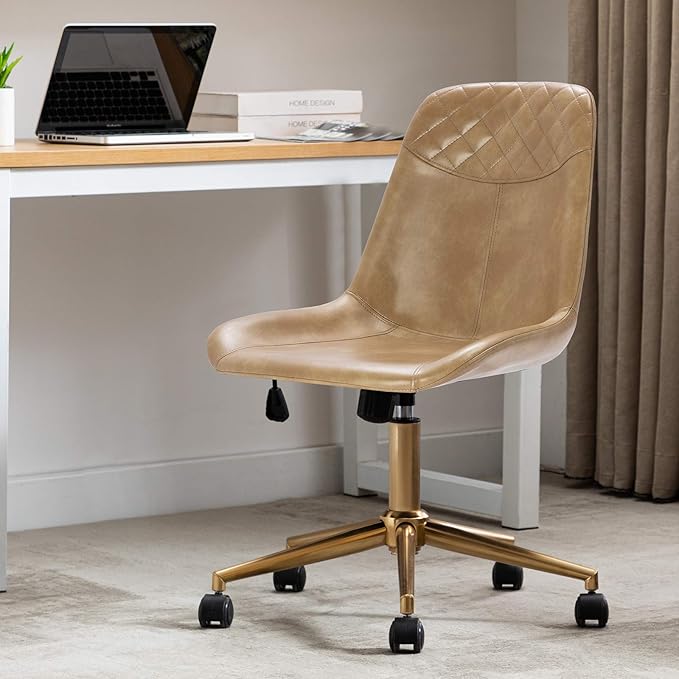 DUHOME Modern PU Leather Office Chair Desk Chair Swivel Computer Chair with Gold Base Camel