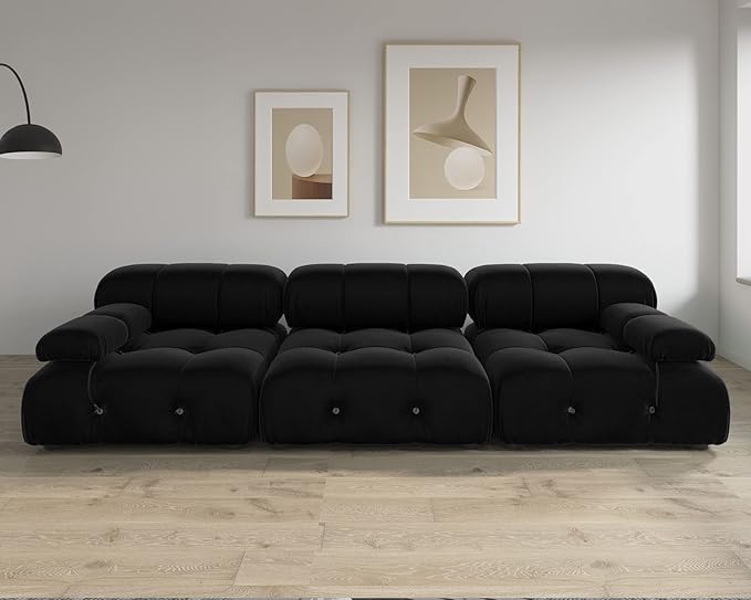 JACH Modular Sectional Couch, Modern Deep 3-Seat Couches, 104'' Minimalist Teddy Velvet Sectional Sofas, Convertible Sleeper Soft Sofa for Living Room Apartment (Black)