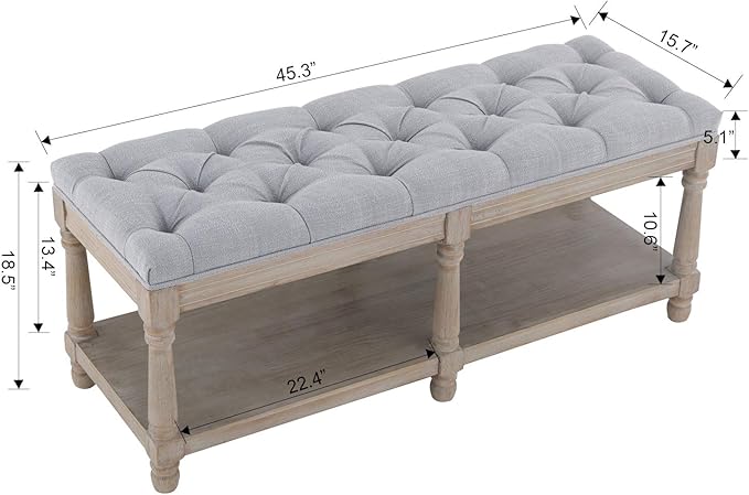 Farmhouse Storage Bench Wooden Entryway Upholstered Tufted Ottoman Bench for Bedroom End of Bed Hallway Organizer, Grey