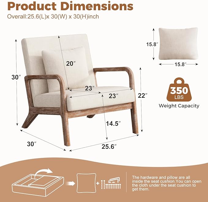 ELUCHANG Mid-Century Modern Chair,Accent Chair with Lumbar Pillow,Upholstered Armchair,Linen Fabric Comfy Reading Chair Beige, Linen, New Armrest, Set of 2