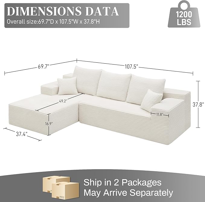 HYJT-H&K Modular Sectional Sofa Cloud Sectional Couch, 107" Comfy Fluffy L Shaped Beige Couches for Living Room, Deep Seat Memory Foam Plush Corduroy Boneless Couch Sectionals Left Facing Chaise Sofa