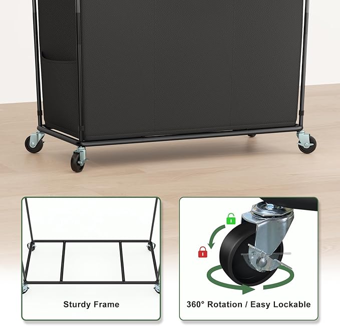 Mefirt 320L Laundry Hamper with Wheels, 3 Section Large Rolling Laundry Basket Bag with Wheels, Clothes Hamper Cart for Laundry, Bedroom, Bathroom and Dorm