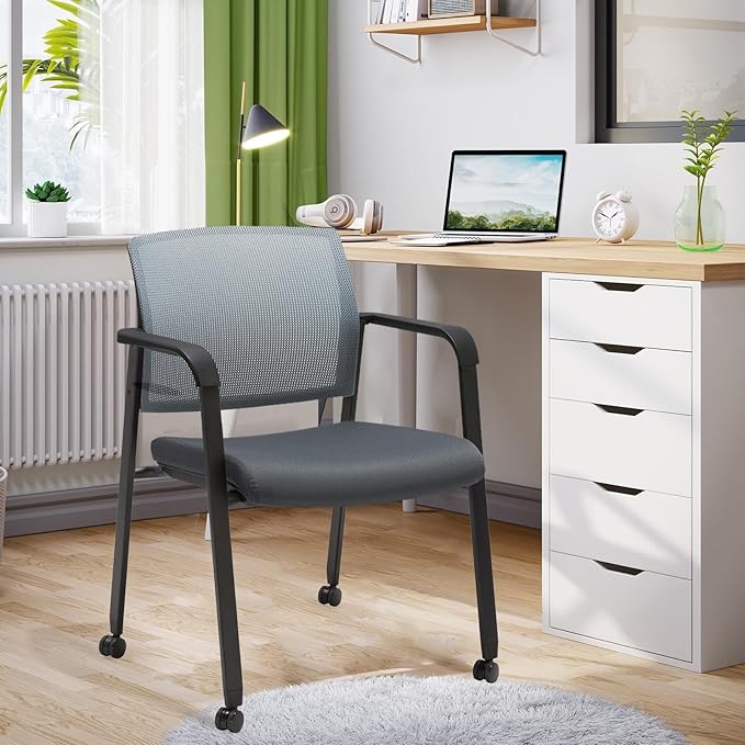 CLATINA Mesh Back Stacking Arm Chairs with Upholstered Fabric Seat and Ergonomic Lumbar Support for Office School Church Guest Reception (WithWheels Gray- 8 Pack)