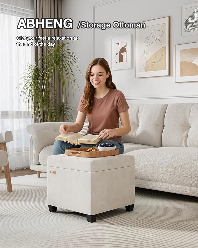 ABHENG 17.7 inches Velvet turfed Ottomans Cube with Storage, Metal-Framed Square Linen Storage Ottoman Foot Rest Stool Holds 770 LB for Dorm Living Room Bedroom White UASND64W