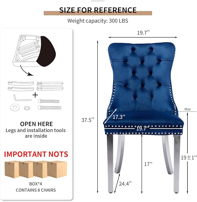 YeahFurn Mid Century Modern Dining Chairs Set of 8, Blue Velvet Upholstered Tufted Back, Kitchen & Dining Room Chairs, Brushed Silver Metal Legs, Nailhead Trim, Sillas para Comedor (Blue, 8 Pcs)