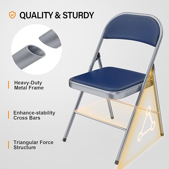 VINGLI 1 Pack Folding Chairs with Padded Seats, Metal Frame with Pu Leather Seat & Back, Capacity 350 lbs, Set of 1, Blue