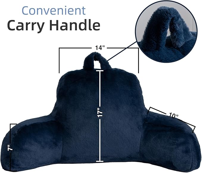 A Nice Night Faux Fur Reading Pillow Bed Wedge Large Adult Children Backrest with Arms Back Support for Sitting Up in Bed/Couch for Bedrest,Navy