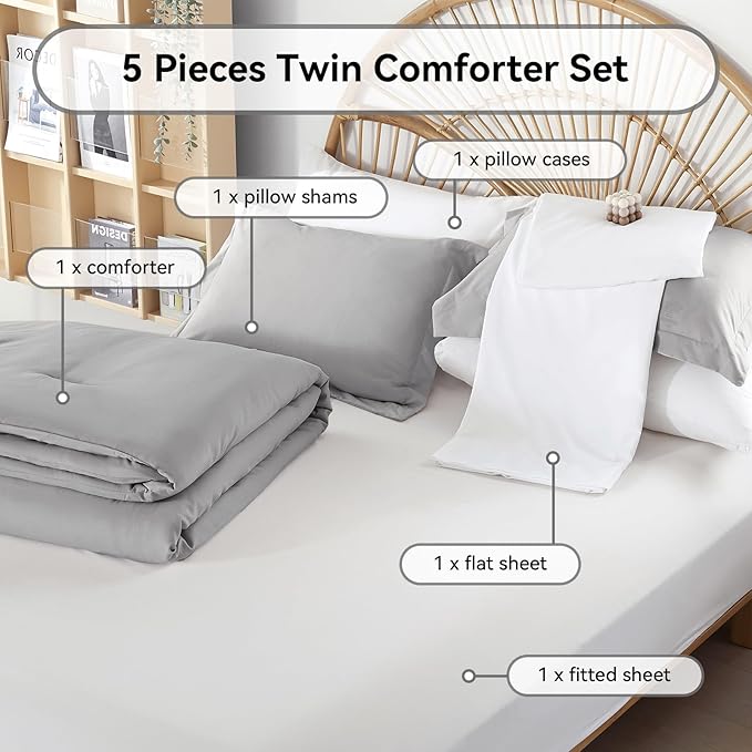weigelia Twin Comforter Set Microfiber 5 Pieces Grey Twin Bedding Set All Season Soft Lightweight Comforter Set Bed in a Bag Twin Set with Comforters, Flat & Fitted Sheets, Pillowcases & Shams