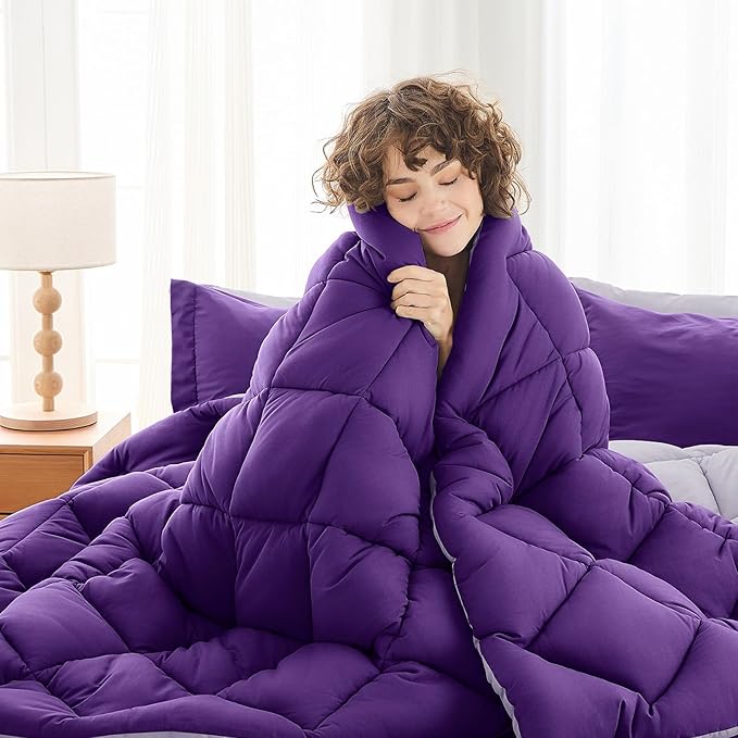 MUXHOMO 7 Pieces Queen Comforter Set, Reversible Bed in a Bag Queen Size, All Season Bedding Set with Comforter, Flat Sheet, Fitted Sheet, Pillowcases & Shams, Purple & Lavender