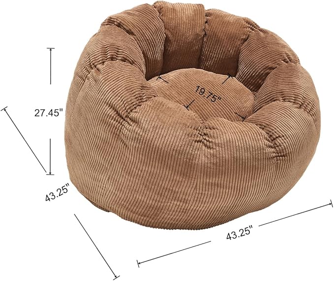 LukeAlon Corduroy Bean Bag Chair with Filler & Petal Armrest - Fluffy Floor Sofa Chair for Adults, 44"×44"×26" - Cozy Seating for Bedroom, Living Room, Game Room (Brown)