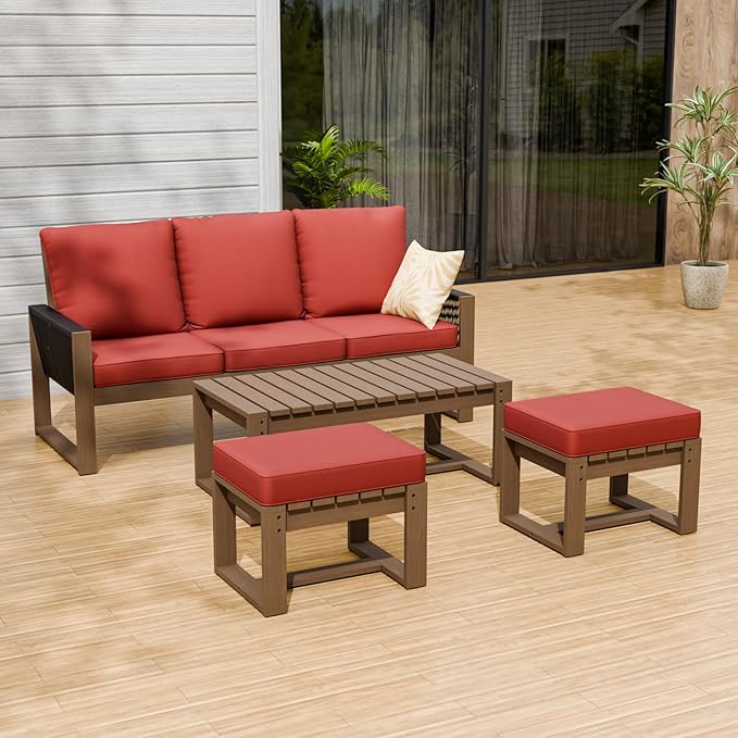 INTER HUT Rustic Hideaway Natural Cedar Wood Outdoor Furniture Set, Wicker Patio Conversation Set for Porch Garden Backyard, Couch, Coffee Table and 2 Ottomans, 4 Piece, Brownish/Red