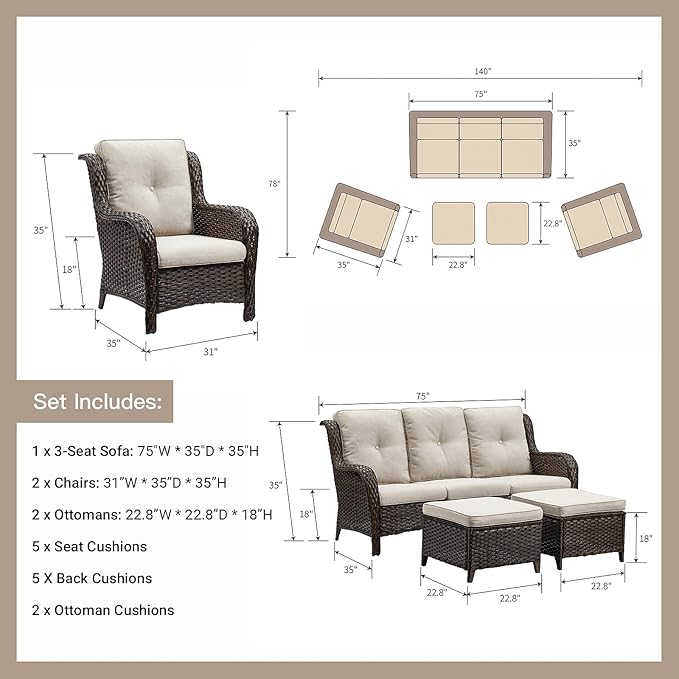 Rilyson Outdoor Furniture Set, 5-Piece Patio Rattan Wicker Sectional Sofa Set with 3-Seat Couch, 2 Armchairs, 2 Ottoman Footrests for Patio Conversation (5 PC,Brown/Beige)
