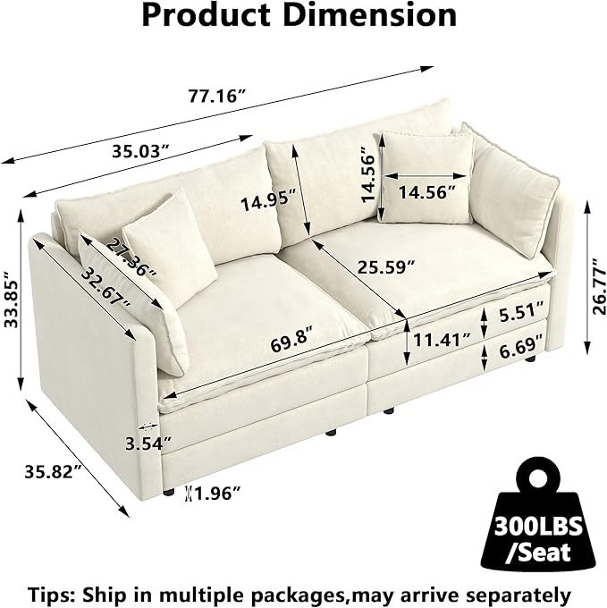 Aoowow Modular Sectional Sofa Modern Convertible Loveseat Couch,77.16 Inch Deep 2-Seater Sofas Comfy Chenille Cloud Sofas and Couches with Pillows for Living Room Apartment（Beige）