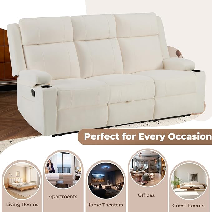 PALLOME Chenille Reclining Sofa 3-Seater with Convertible Table, Storage Ottoman & Cup Holders | Modern Space-Saving Couch, Ergonomic Living Room Furniture (Cream)