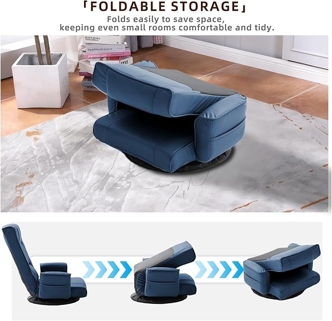 FLOGUOR 360° Swivel Gaming Floor Chair with Armrests – 14-Position Adjustable Folding Floor Sofa Lounger, Padded Backrest, Multi-Angle Recline for Home, Living Room & Office (Blue)