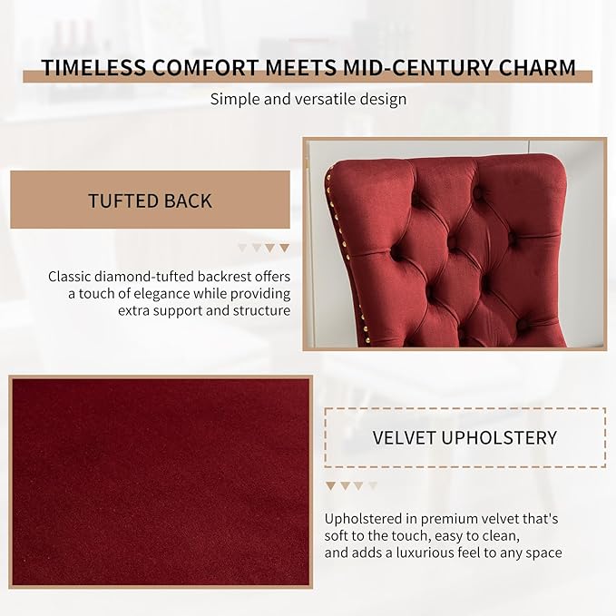 YeahFurn Mid Century Modern Dining Chairs Set of 2, Red Velvet Upholstered Tufted Back, Kitchen & Dining Room Chairs, Gold Metal Legs, Nailhead Trim, Sillas para Comedor (Red, 2 Pcs)