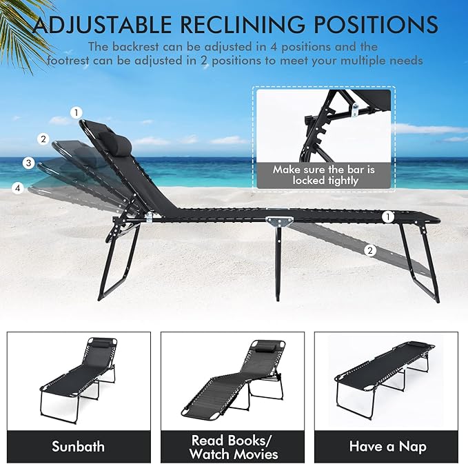 Goplus Chaise Lounge Chair, Folding 5-Postion Beach Lounge Chair with Detachable Pillow, Sunbathing Lounger, Adjustable Tanning Chair for Patio Lawn Pool Yard Outdoor
