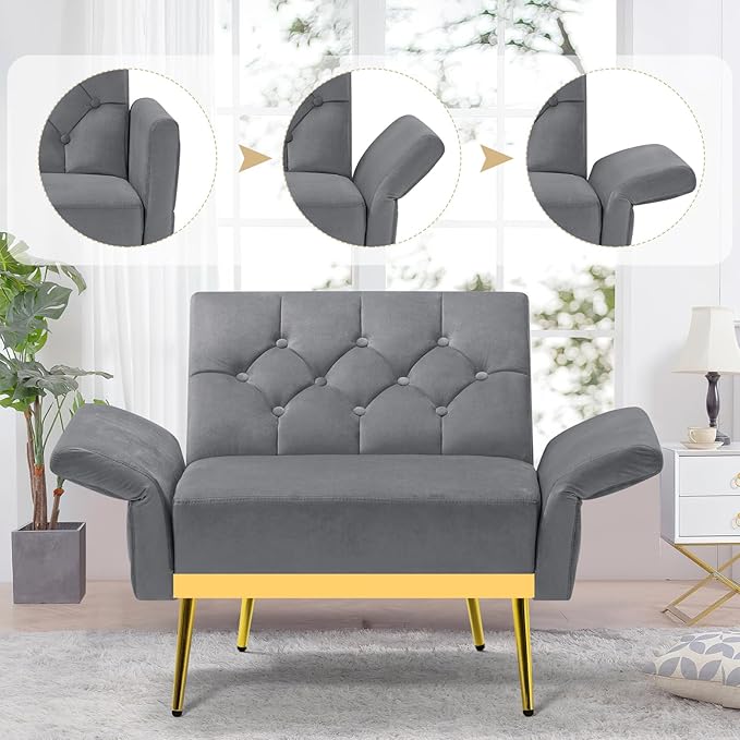ACMEASE Velvet Accent Chair w/Adjustable Armrests and Backrests, Tufted Single Sofa with Ottoman, Upholstered Reading Chiar for Living Room, Apartment, Bedroom, Grey