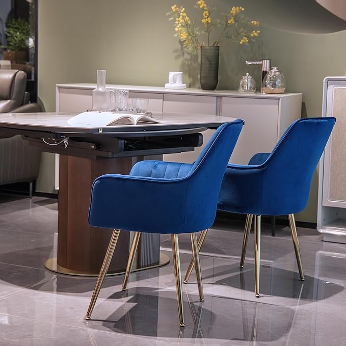 Purgreen Velvet Dining Chair Set of 4 - Modern Mid-Back Accent Chair with Gold Plating Legs - Comfy Upholstered Chair for Living Room ，Kitchen & Reception Room (Velvet Blue, Set of 4)