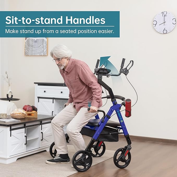 ELENKER Heavy Duty Upright Walker with Extra Wide Padded Seat and Backrest, Aluminum Bariatric Stand Up Rolling Walker, 10” Wheels, Fully Adjustment Frame, Support up to 500 lbs for Seniors, Blue