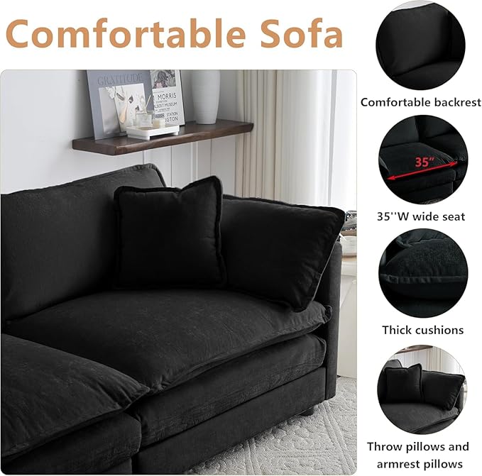 Aoowow Single Deep Seat Sofa Comfy Chenille Couch,Modern Upholstered Accent Armchair with Pillow for Living Room Bedroom Apartment(Black)