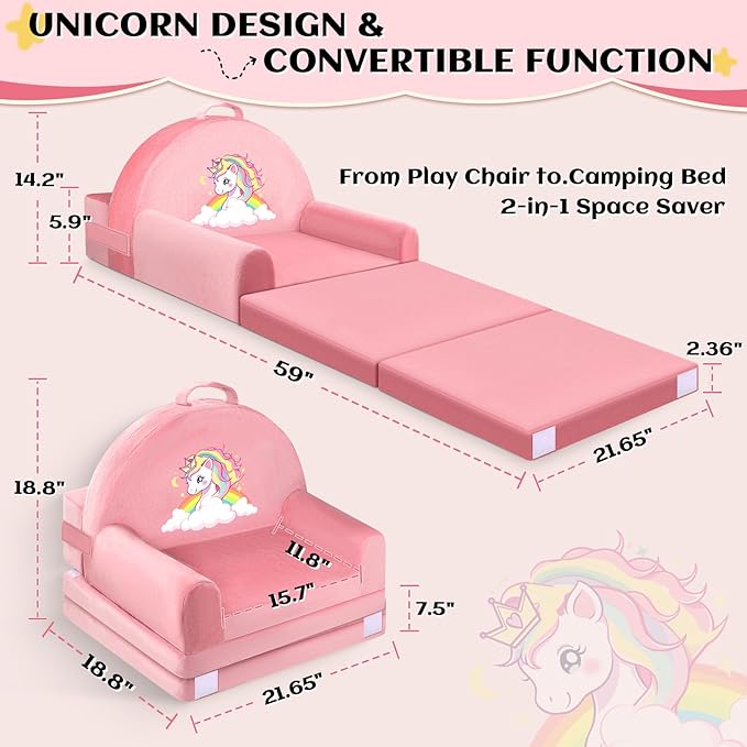 ORWIPO Unicorn Kids Sofa Bed with Removable Washable Cover & Hook and Loop Backrest – Foldable Toddler Chair, Cozy Crystal Velvet Furniture for Playtime, Naps & Travel (Pink, Unicorn Design)