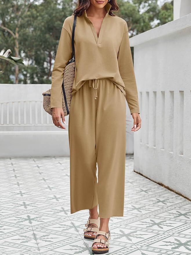 Imily Bela Womens 2 Piece Outfits Sweatsuit Long Sleeve Lapel V Neck Shirt and Wide Leg Pants 2025 Fall Trendy Tracksuit