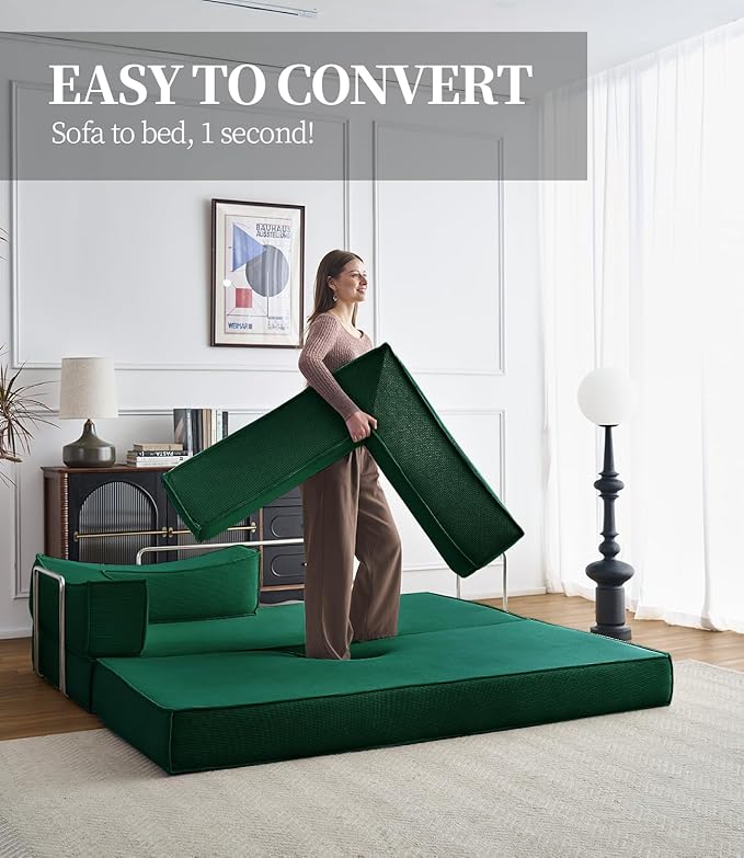 79" Convertible Sleeper Sofa Bed, Corduroy Folding Sleeper Couch with Fixed-Shape Frame, Boneless Couch for Living Room Bedroom, Floor Sofa Lounge No Assembly Required (Green)