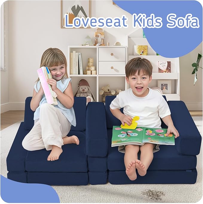 MeMoreCool Kids Modular Play Couch – 10-Piece Navy Foam Sofa Set, Convertible Playroom Furniture | Fold-Out Toddler Bed | Safe, Washable & Imaginative Design