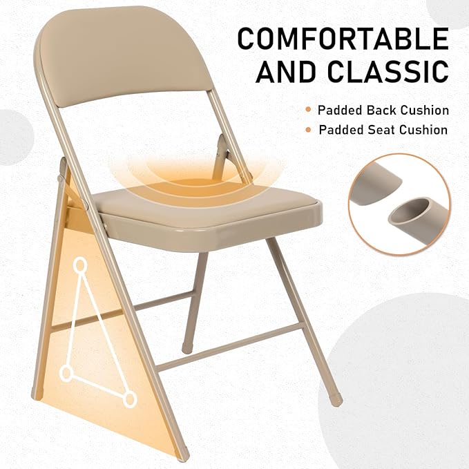10 Pack Khaki Padded Folding Chairs Set - Comfortable Stackable Portable Chairs for Indoor Outdoor, Events, Parties, Office, Wedding (PU Leather, Urban Khaki,School Chair)