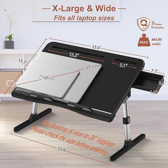 Laptop Bed Table, Potuopy Adjustable Leather Computer Lap Desk, Wide X-Large Folding Bed Desk Tray with Drawer on Couch Floor Bed for Writing Eating Drawing Working, Black