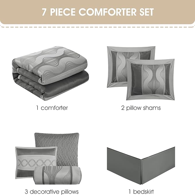 Grand Avenue 7 Piece Grey Comforter Set, Queen Size Jacquard Bedding Set, All Season Geometric Patchwork Bedding Set, Matching Pillows, Shams, Bed Skirt