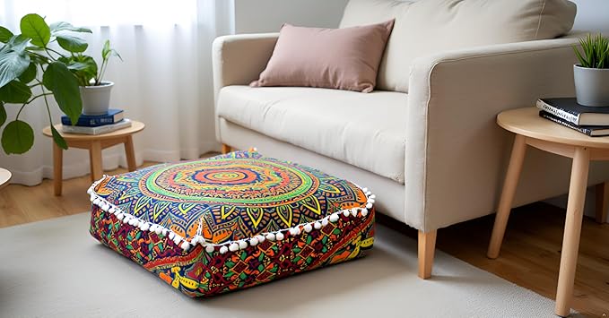 CRAFT KALA Large Hippie Mandala Meditation Floor Ottoman Pillow Cushion Pouf Cover Square Poufs Bohemian Circle Floor Cushion Case Outdoor Fireplace Yoga Living Room Decor Cover New Blue, 16" Square