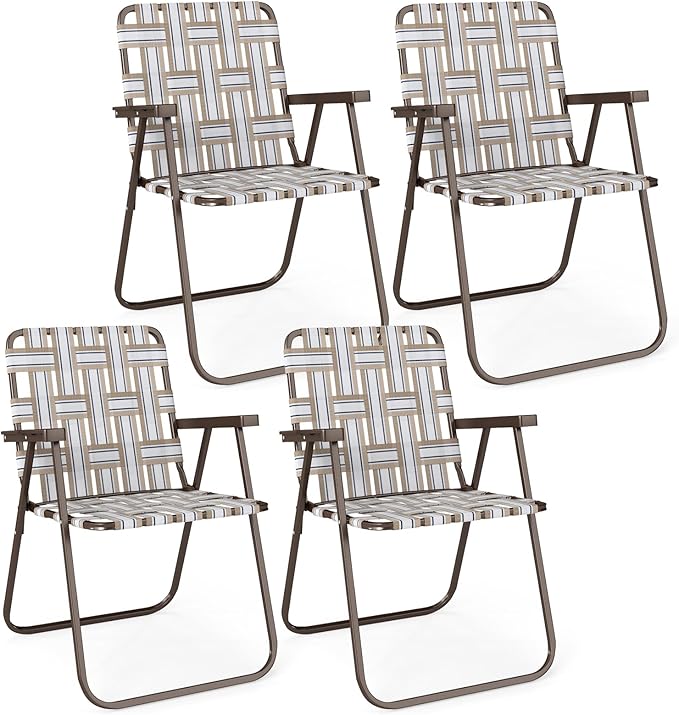 GYMAX Lawn Chair Folding, Webbed Beach Lounge Chairs Set with Highback, Outdoor Portable Lightweight Camping Dinning Chair for Patio, Lawn, Poolside, Sports, Garden, Backyard (4,Coffee)