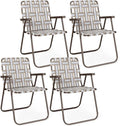 GYMAX Lawn Chair Folding, Webbed Beach Lounge Chairs Set with Highback, Outdoor Portable Lightweight Camping Dinning Chair for Patio, Lawn, Poolside, Sports, Garden, Backyard (4,Coffee)