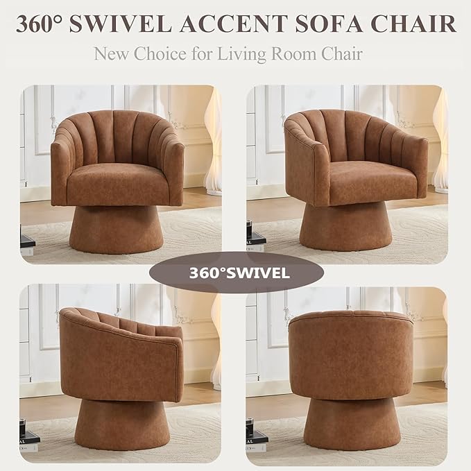 Swivel Accent Chair Set of 2,Faux Leather 360°Swivel Barrel Chair Upholstered Modern Living Room Chair, Overstuffed Reading Armchair for Bedroom,Vanity,Office-Brown